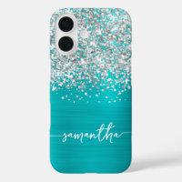 Sparkly Silver Glitter Turquoise Blue Glam Name