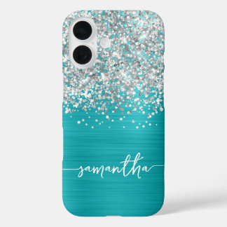 Sparkly Silver Glitter Turquoise Blue Glam Name iPhone 16 Case