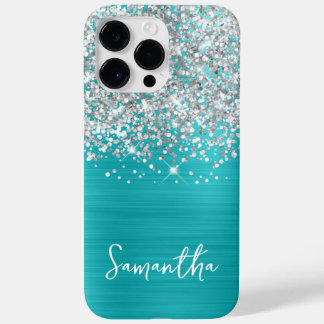 Sparkly Silver Glitter Turquoise Blue Glam Name Case-Mate iPhone 14 Pro Max Case