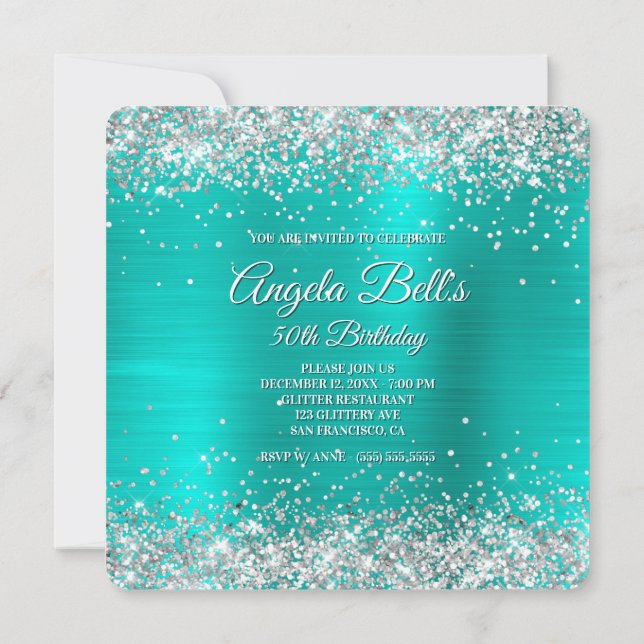 Sparkly Silver Glitter Turquoise Foil Monogrammed Invitation (Back)
