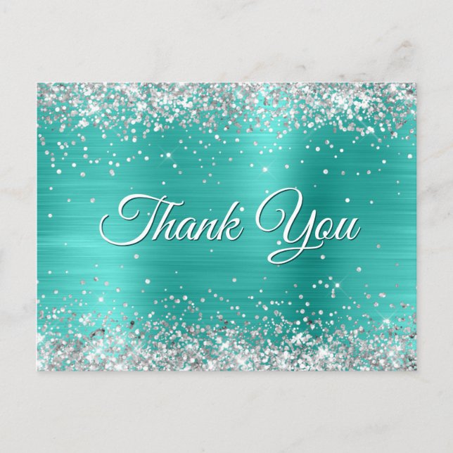 Sparkly Silver Glitter Turquoise Foil Thank You Postcard (Front)