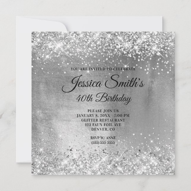Sparkly Silver Grey Glitter Foil 40th Birthday Invitation (Front)
