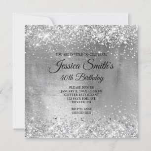 Sparkly Silver Grey Glitter Foil 40th Birthday Invitation
