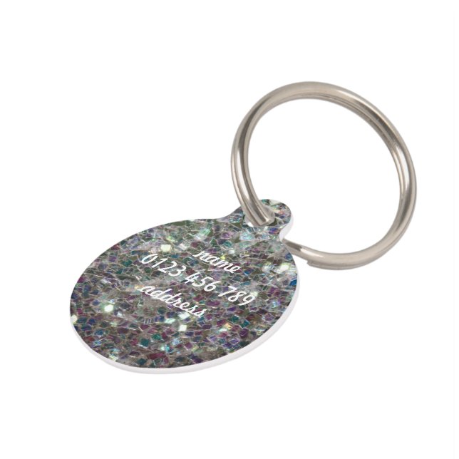 Sparkly silver grey mosaic glitter Personalise  Pet Tag (Side)