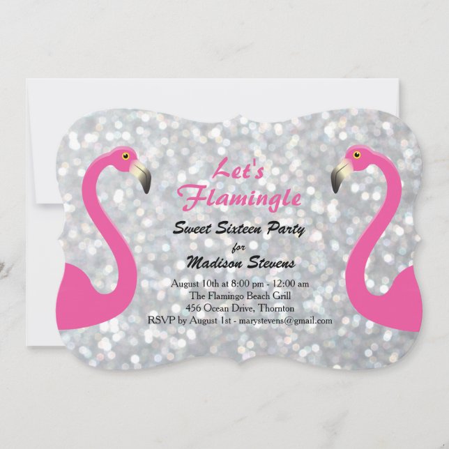 Sparkly Silver Let's Flamingle Sweet Sixteen Invitation (Front)