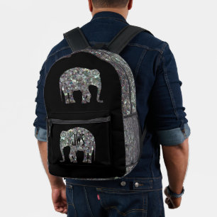 Sparkly silver mosaic Elephant Monogram on black Printed Backpack