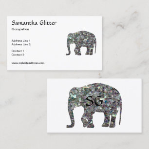 Sparkly silver mosaic Elephant Monogram on white Business Card
