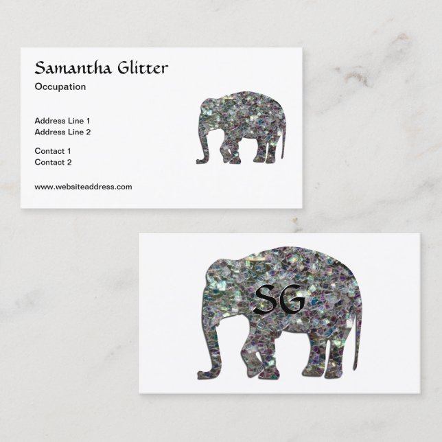 Sparkly silver mosaic Elephant Monogram on white Business Card (Front/Back)