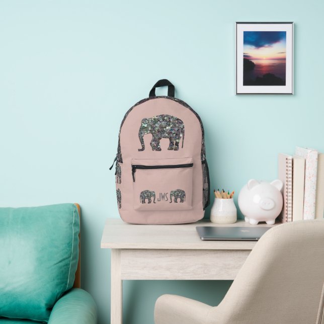 Sparkly silver mosaic Elephant Monogram rose pink Printed Backpack (Insitu)