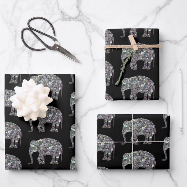 Sparkly silver mosaic Elephant pattern on black Wrapping Paper Sheet (Front)