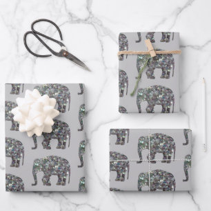 Sparkly silver mosaic Elephant pattern on grey Wrapping Paper Sheet