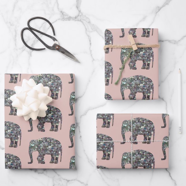 Sparkly silver mosaic Elephant pattern rose pink Wrapping Paper Sheet (Front)