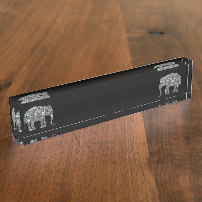Sparkly silver mosaic glitter Elephant black Nameplate (Side)