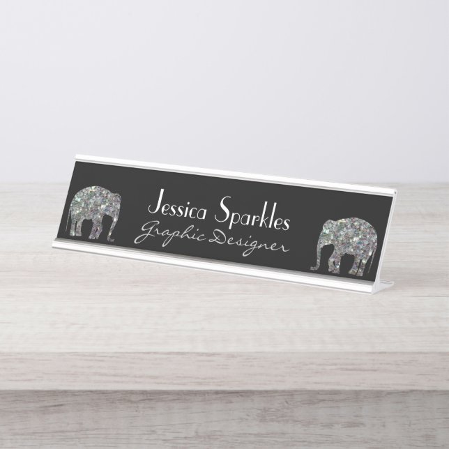 Sparkly silver mosaic glitter Elephant Desk Name Plate (Front)