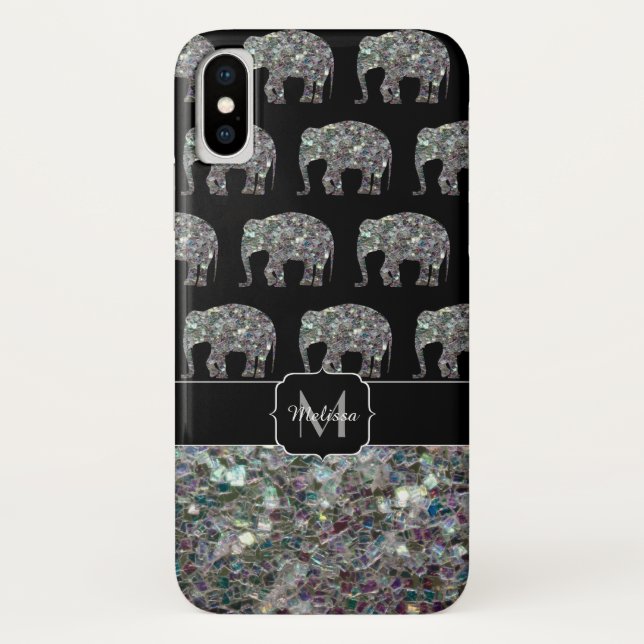 Sparkly silver mosaic glitter Elephant Monogram Case-Mate iPhone Case (Back)