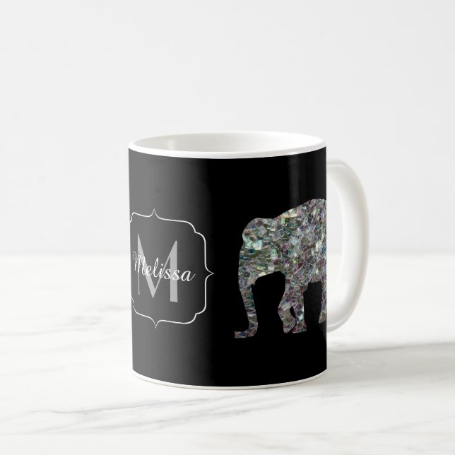 Sparkly silver mosaic glitter Elephant Monogram Coffee Mug (Front Right)