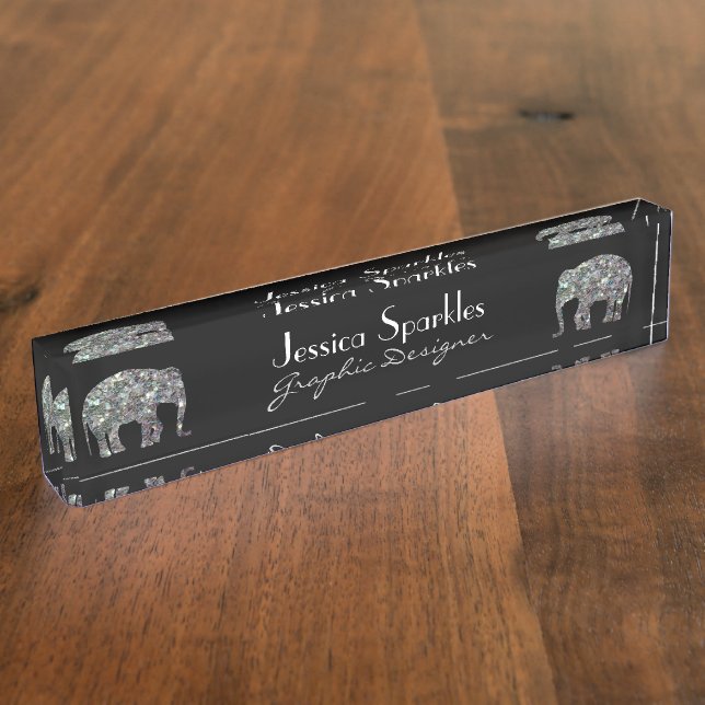 Sparkly silver mosaic glitter Elephant Nameplate (Side)