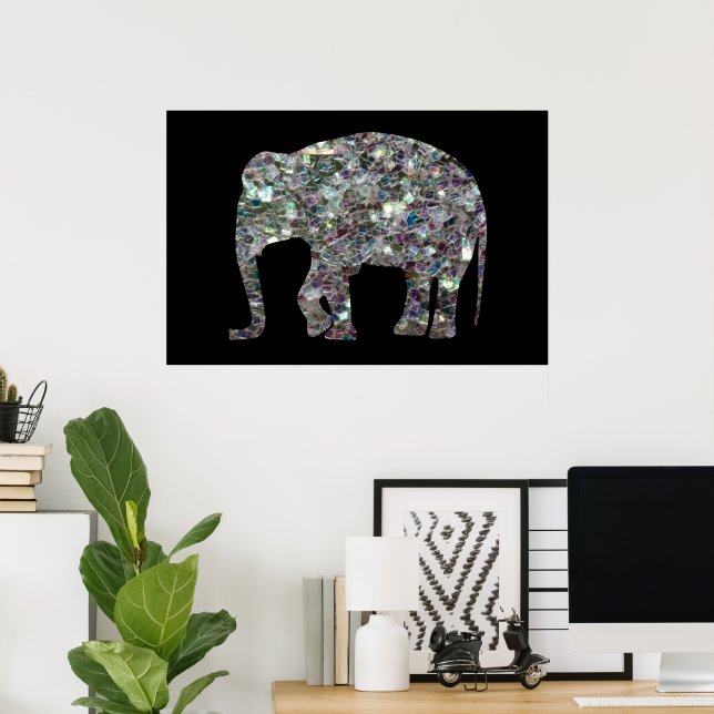 Sparkly silver mosaic glitter Elephant on black Poster (Home Office)