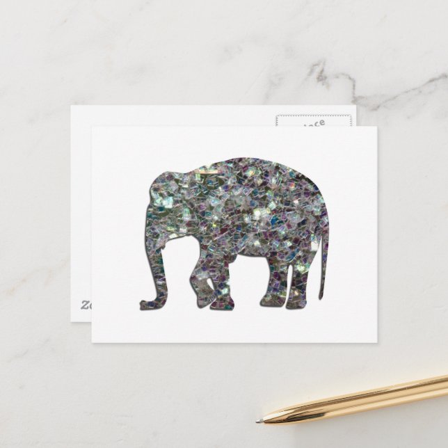 Sparkly silver mosaic glitter Elephant Postcard (Front/Back In Situ)