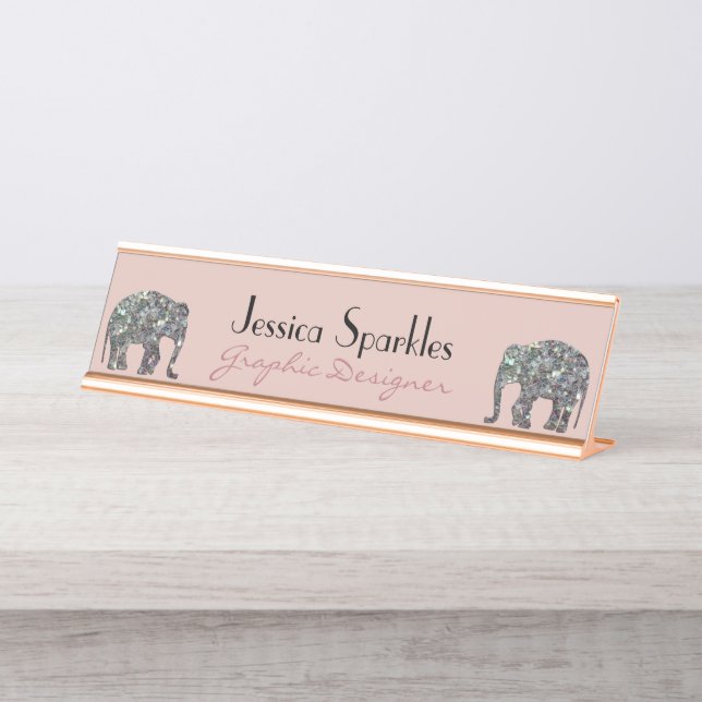 Sparkly silver mosaic glitter Elephant rose pink Desk Name Plate (Front)