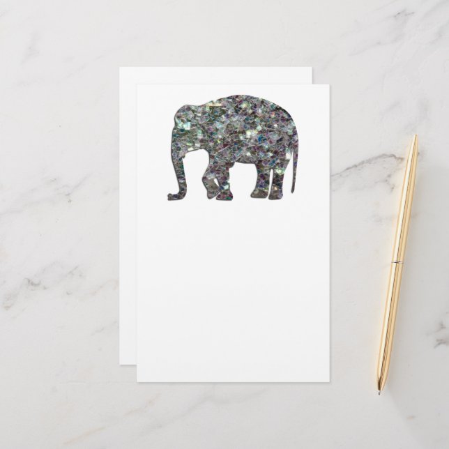 Sparkly silver mosaic glitter Elephant Stationery (Front/Back In Situ)