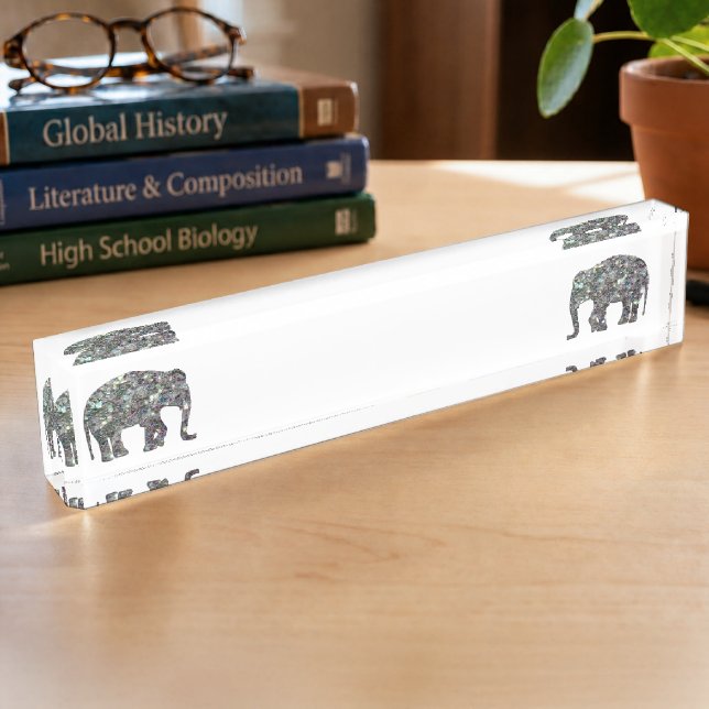 Sparkly silver mosaic glitter Elephant white Nameplate