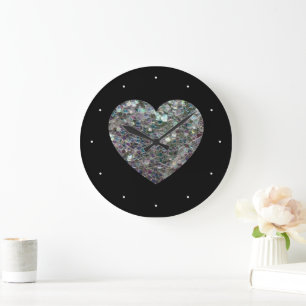 Sparkly silver mosaic glitter Heart Large Clock