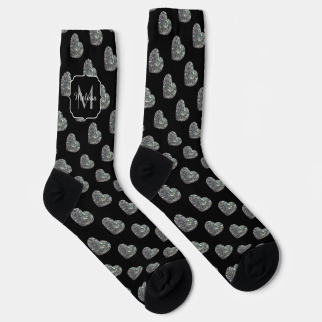 Sparkly silver mosaic glitter Heart Monogram Socks (Right)