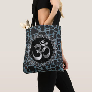 Sparkly Silver OM Turquoise Giraffe Print Tote