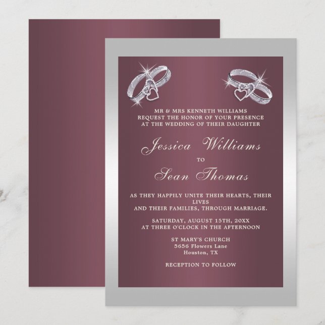 Sparkly Silver Rings & Burgandy Wedding Invitation (Front/Back)