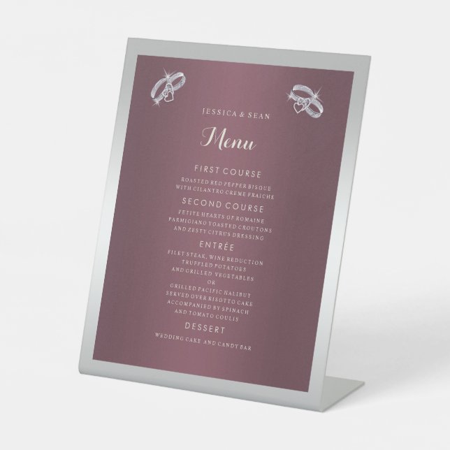 Sparkly Silver Rings & Burgandy Wedding Menu Pedestal Sign (Front)