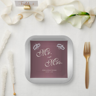 Sparkly Silver Rings & Burgandy Wedding Paper Plate