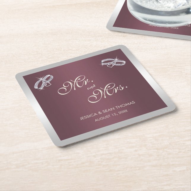 Sparkly Silver Rings & Burgandy Wedding Square Paper Coaster (Angled)