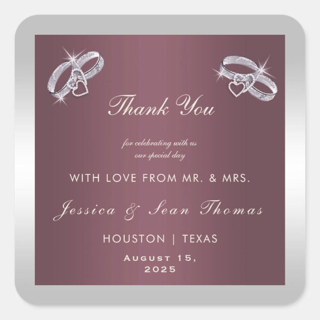 Sparkly Silver Rings & Burgandy Wedding Square Sticker (Front)