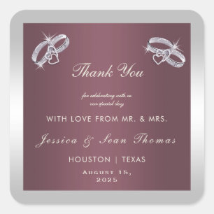 Sparkly Silver Rings & Burgandy Wedding Square Sticker