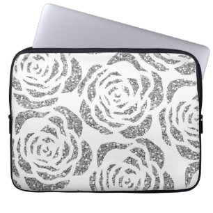 Sparkly Silver Roses White Laptop Computer Sleeve