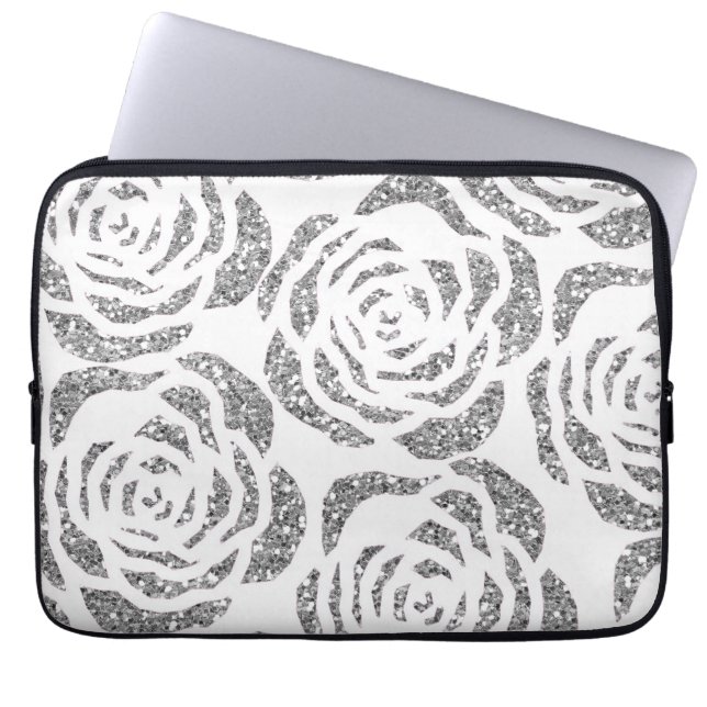 Sparkly Silver Roses White Laptop Computer Sleeve (Front)