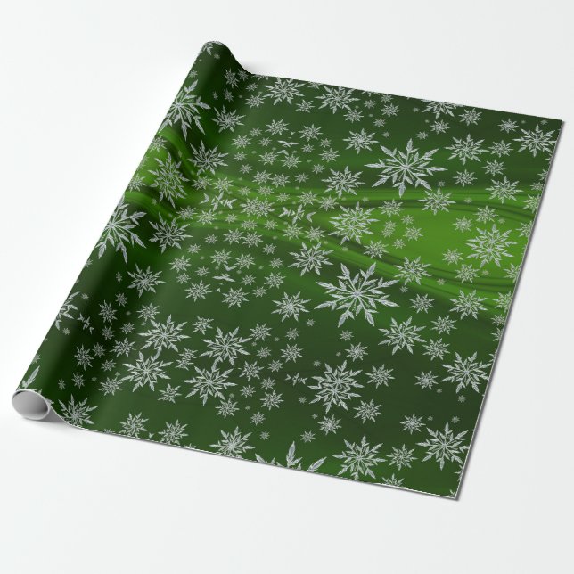 Sparkly Silver Snowflakes on Green Wrapping Paper (Unrolled)