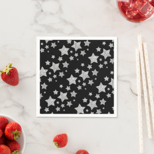 Sparkly Silver Stars Christmas holidays black Napkin