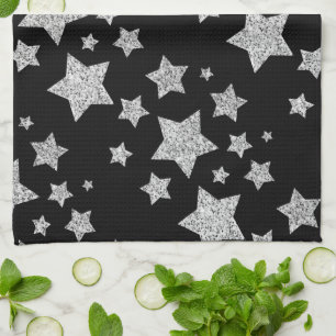 Sparkly Silver Stars Christmas holidays pattern Tea Towel