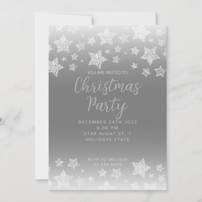 Sparkly Silver Stars Christmas party grey Invitation (Front)