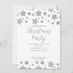 Sparkly Silver Stars Christmas party white Invitation
