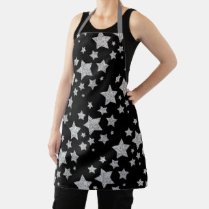 Sparkly Silver Stars Christmas pattern black Apron