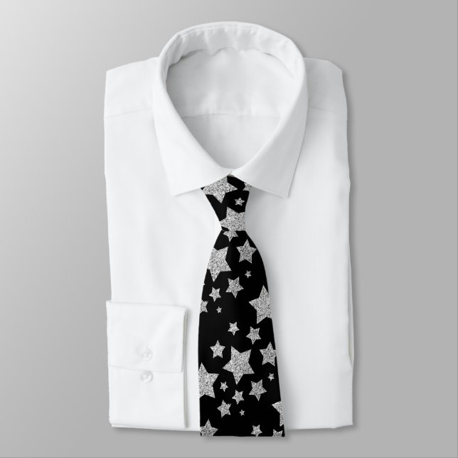 Sparkly Silver Stars Christmas pattern black Tie (Tied)