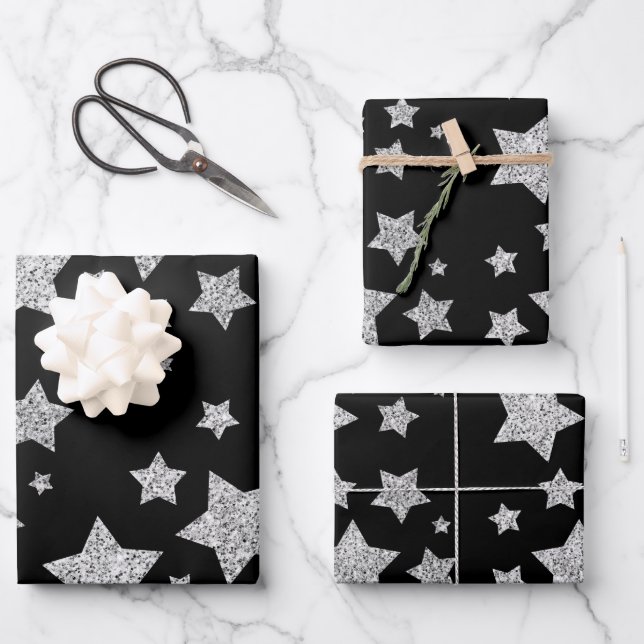 Sparkly Silver Stars Christmas pattern on black Wrapping Paper Sheet (Front)