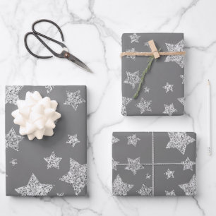 Sparkly Silver Stars Christmas pattern on grey Wrapping Paper Sheet
