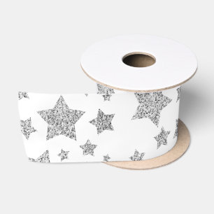 Sparkly Silver Stars Christmas pattern on white Satin Ribbon