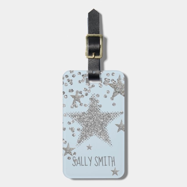 Sparkly Silver Stars Personnalised Luggage Tag (Front Vertical)
