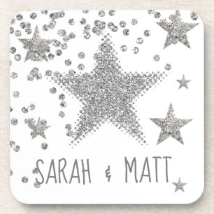 Sparkly Silver Stars Personnalised Wedding Coaster