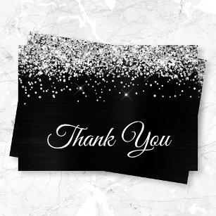 Sparkly Silvery Glitter Black Satin Ombre Foil Thank You Card